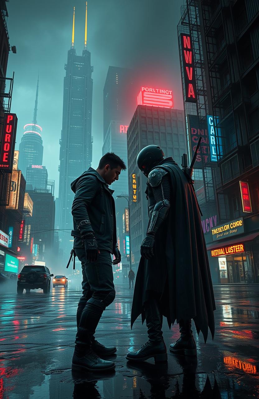 A gritty cyberpunk cityscape bathed in neon lights and acid rain, featuring towering decaying megatowers and rusted skyscrapers