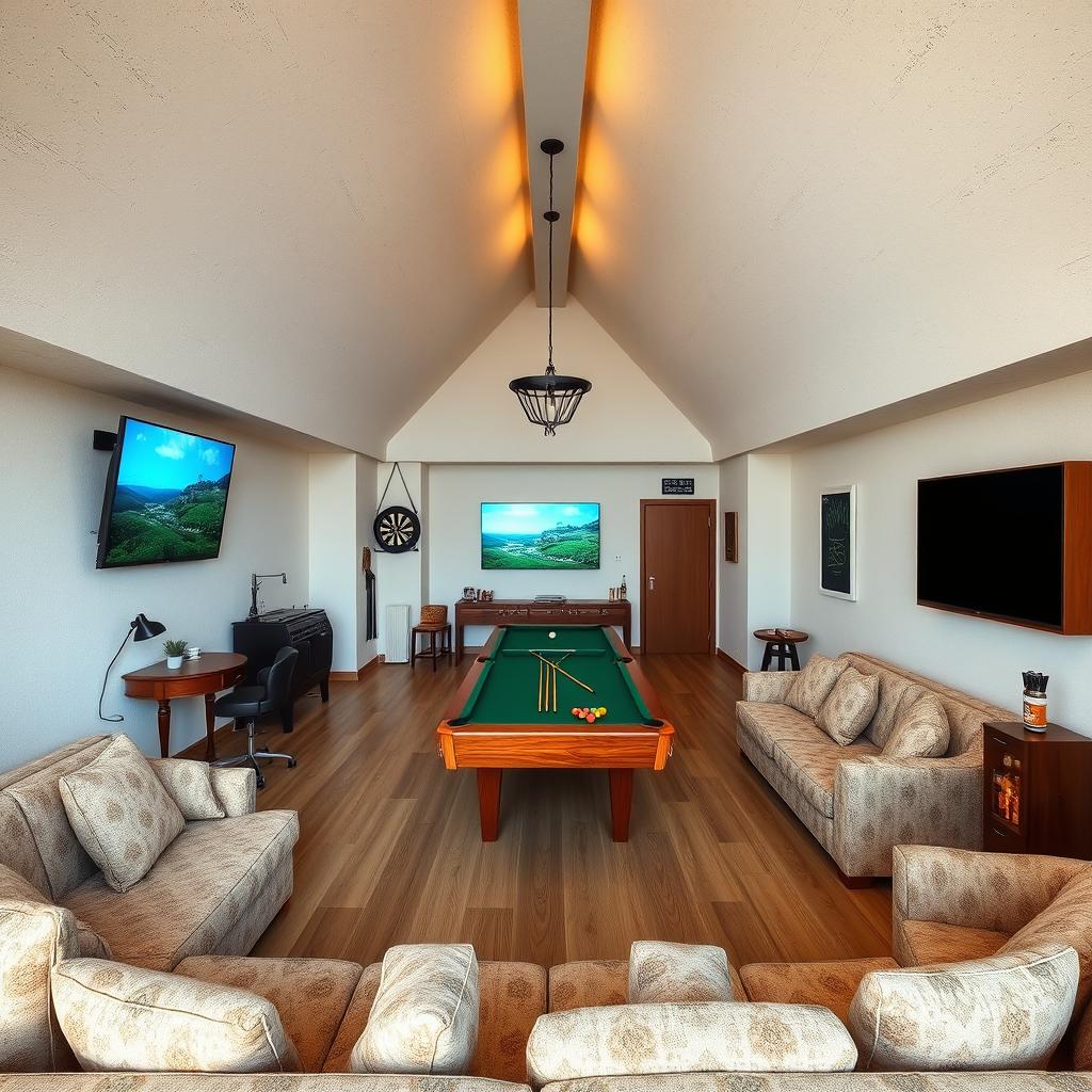 An expansive interior view of a 100 square meter bunker featuring a U-shaped roof, designed in a budget-friendly Spanish style