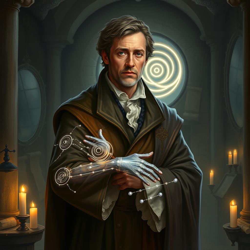 A semi-realistic digital painting of Silas Seaton, a 1700s-era philosopher merged with a cosmic AI