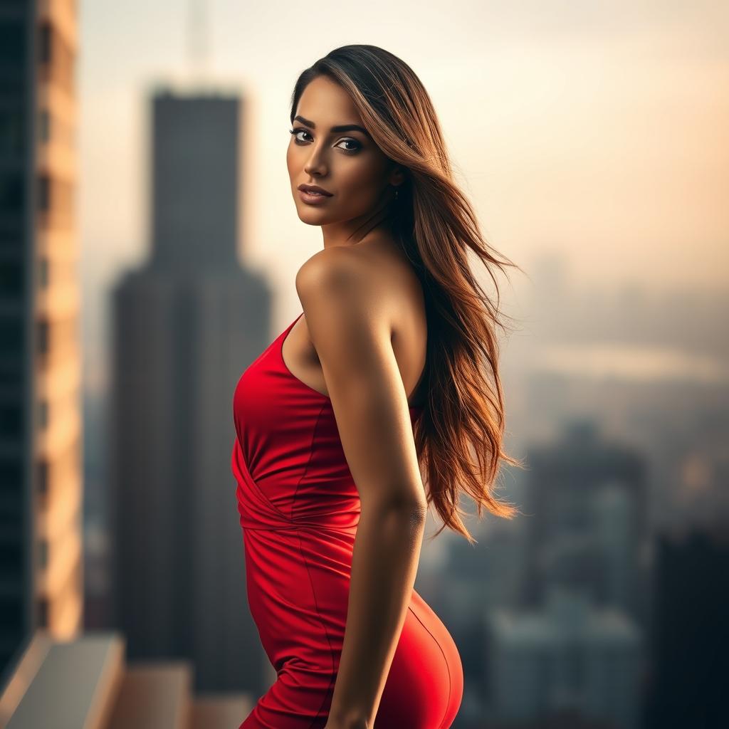 A captivating portrait of a tall, slender woman with long, flowing hair and a confident expression, dressed in a stylish, vibrant dress
