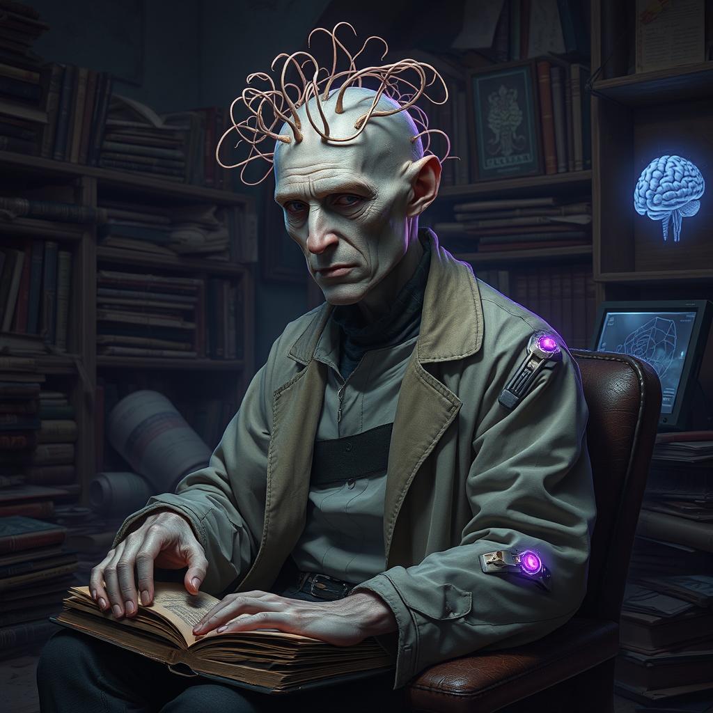 A gaunt, pale human man with a partially transparent dome revealing subtle, glowing brain tendrils
