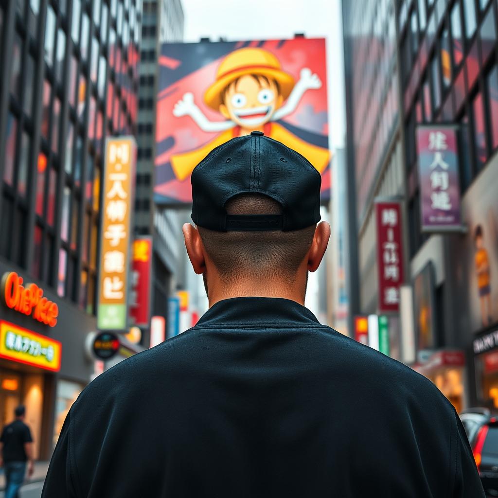 A man seen from behind wearing a baseball cap and dressed entirely in black, standing in a bustling city street