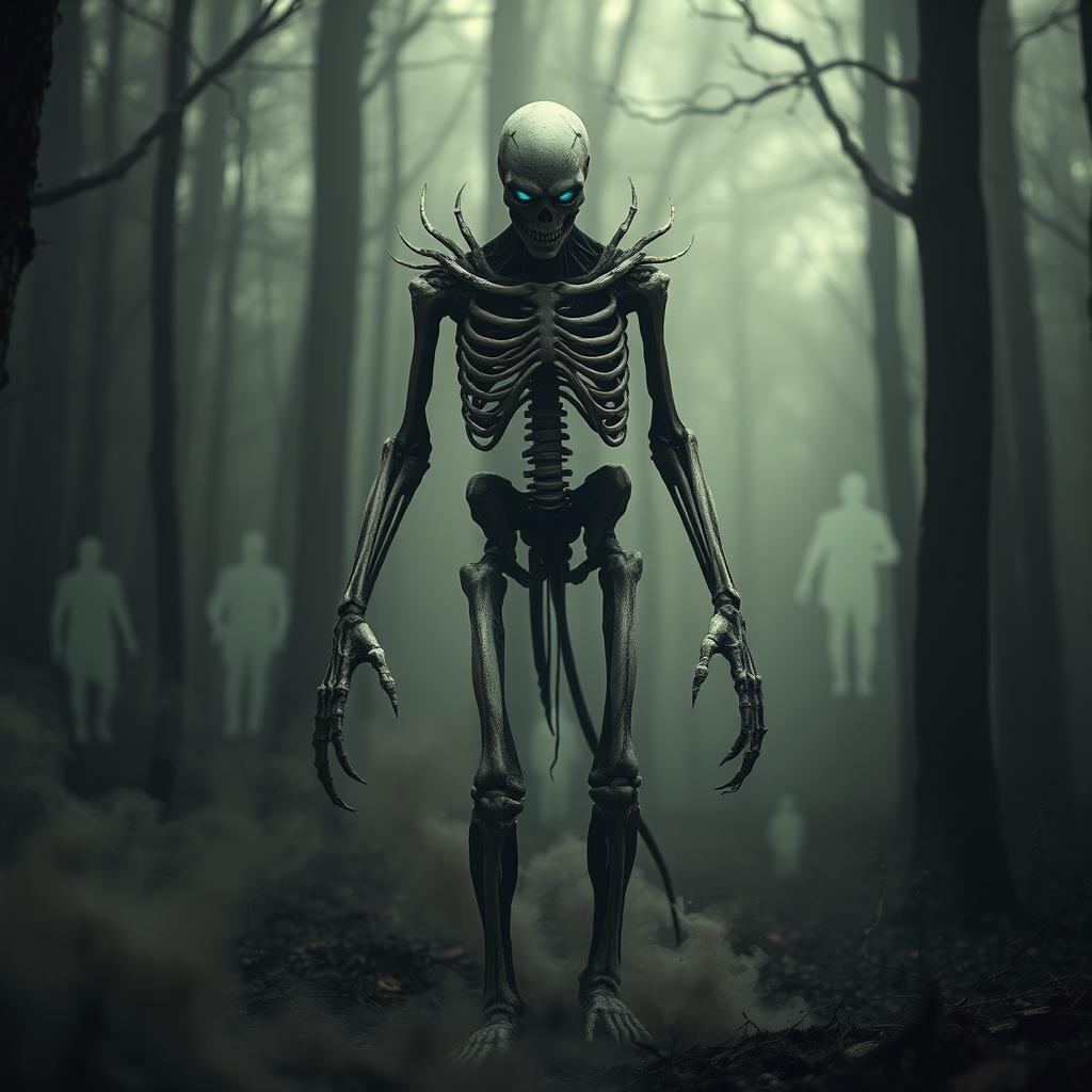 A haunting, skeletal humanoid figure standing in a dark forest with ash swirling around him