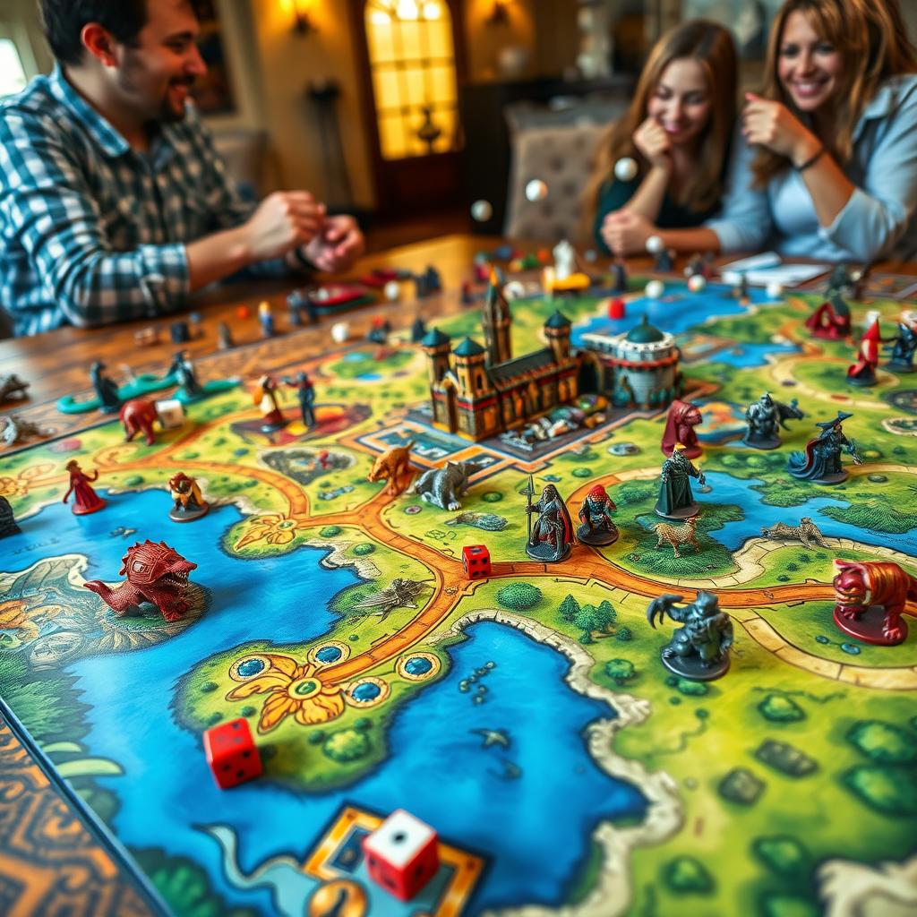 A vibrant tabletop game scene featuring a colorful game board spread on a wooden table