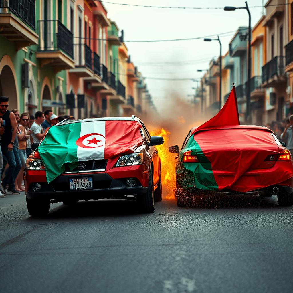 A dynamic street scene depicting a car fight between two vehicles adorned with the Algerian flag and the Moroccan flag