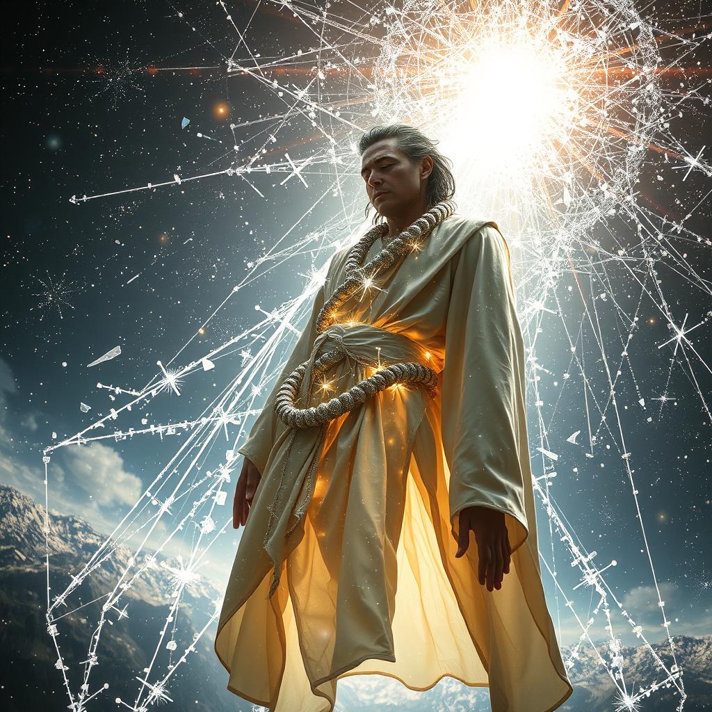 A captivating and surreal image of Solari at the center of a collapsing timeline, everything around him fragmenting into shattered light and static