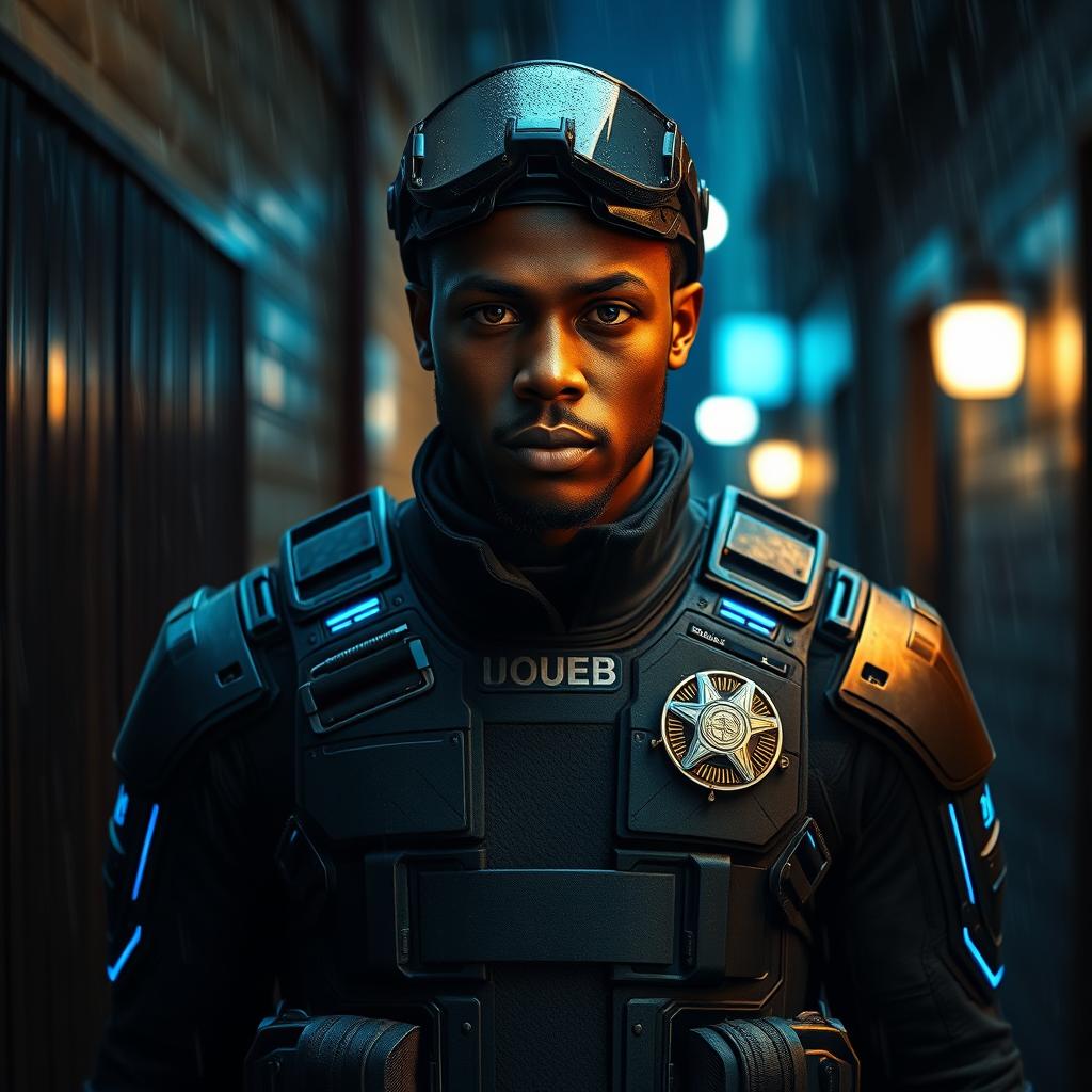 A realistic depiction of Officer Blake, a young African American man, standing alert in a rainy alley