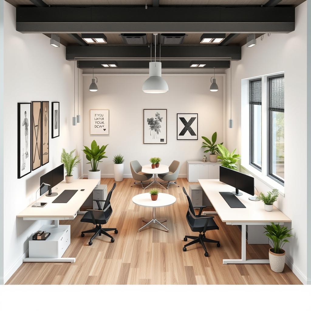 A modern office layout designed for 8 people in a compact space measuring 557 cm by 140 cm