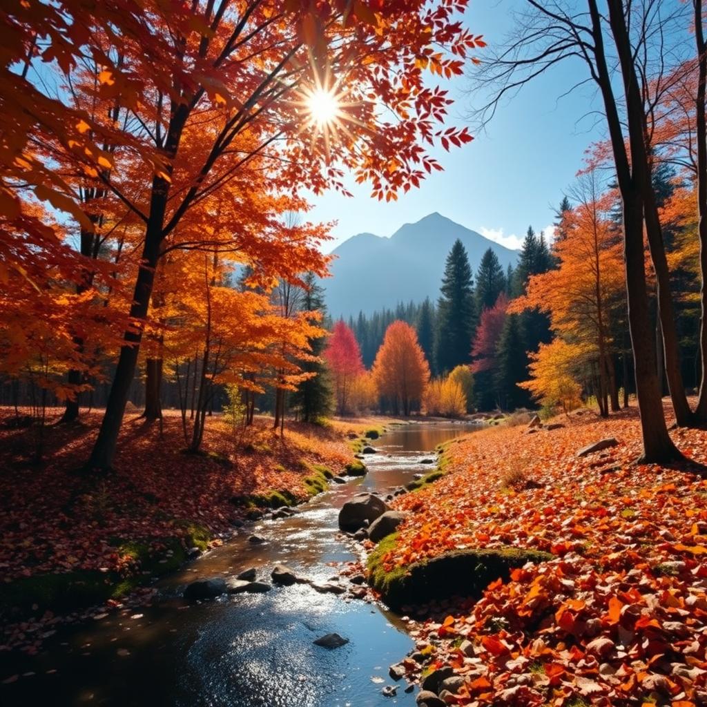 A serene forest landscape during autumn, featuring vibrant orange, red, and yellow leaves falling gently from the trees
