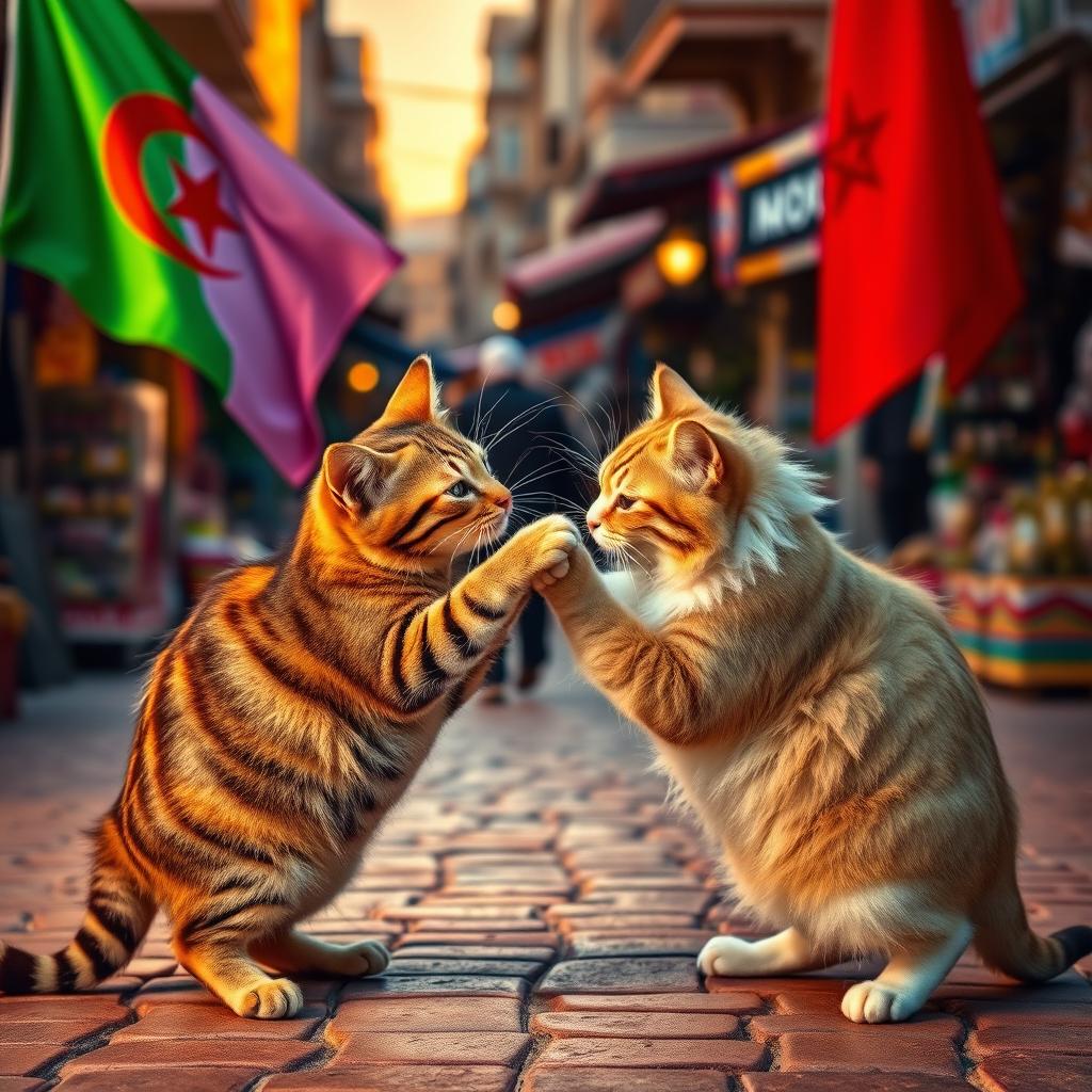 Two cats engaged in a playful fight in a vibrant street scene, with the Algerian flag waving on one side and the Moroccan flag on the other