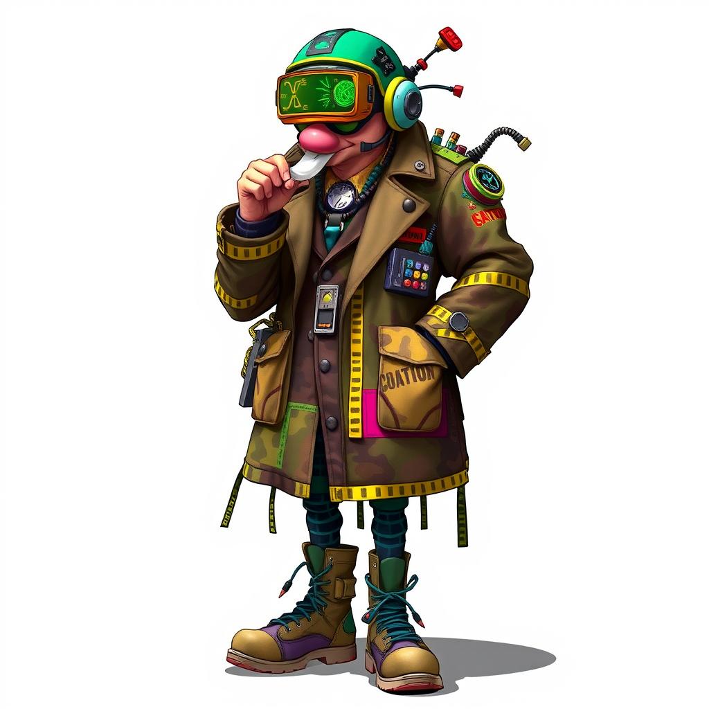 A whimsical character named Captain Scatter, a chaotic trickster with a unique junkyard fashion sense