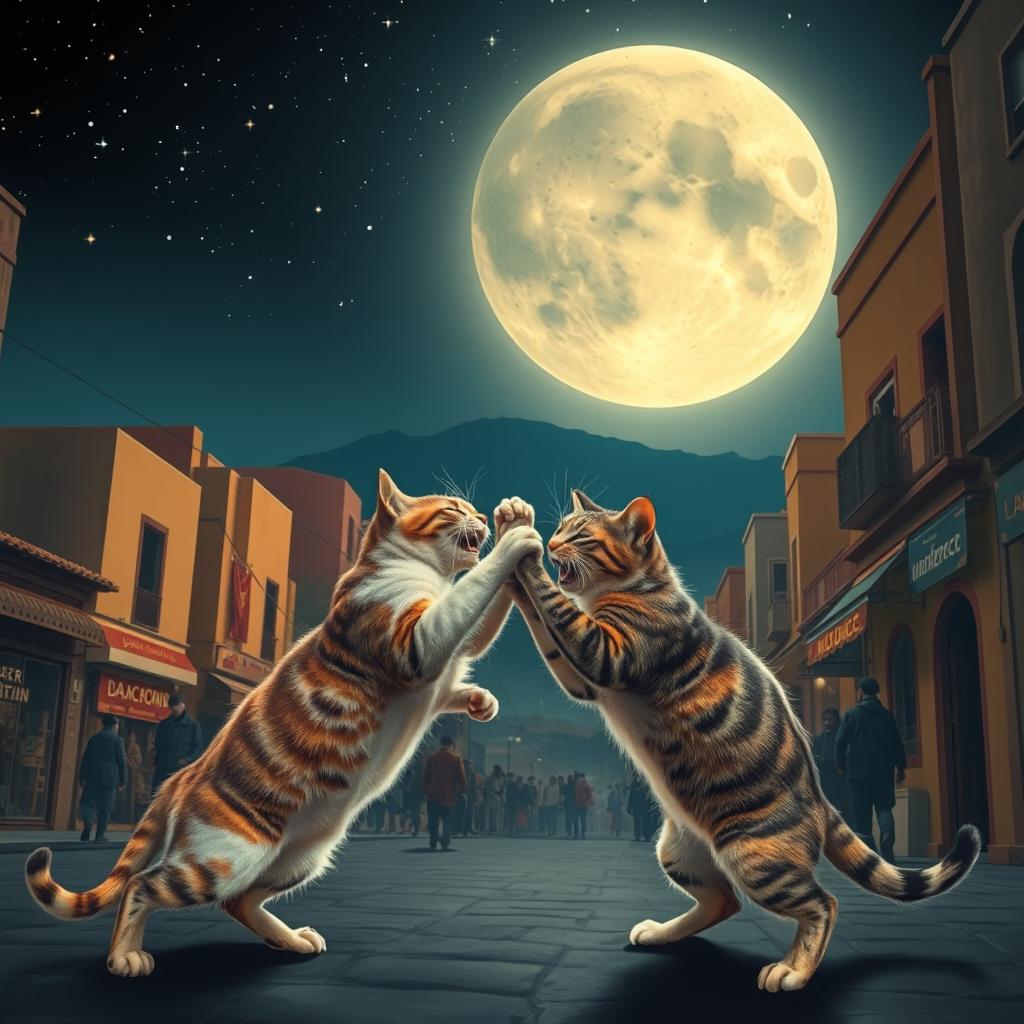 Two cats engaged in a fierce fight under the moonlit night sky in the streets of a bustling city in Algeria or Morocco