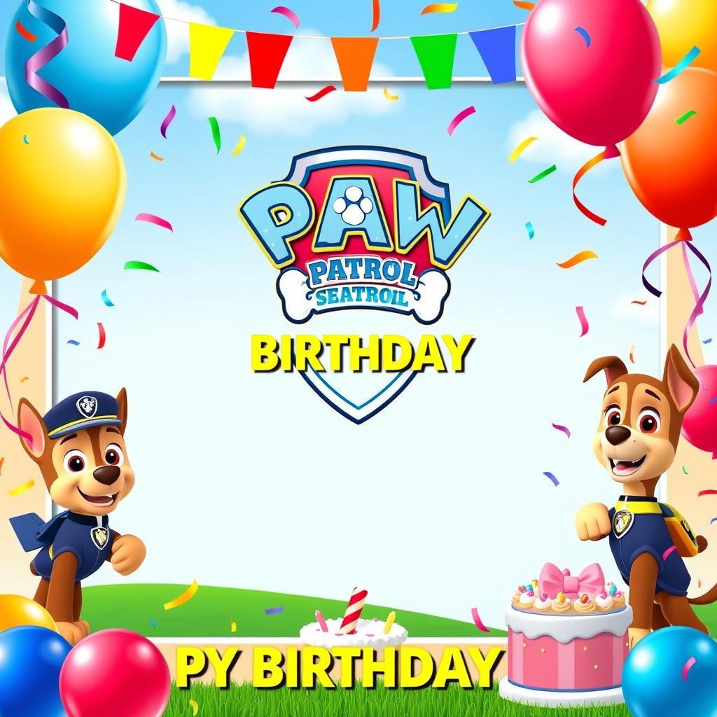 A colorful birthday frame featuring Paw Patrol characters like Chase, Marshall, Skye, and Rubble