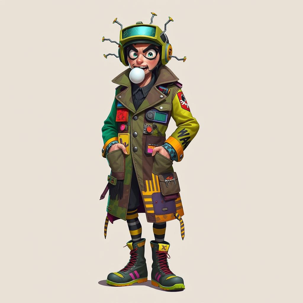 A whimsical character named Captain Scatter, a chaotic trickster with a flair for junkyard fashion and unpredictable gadgets