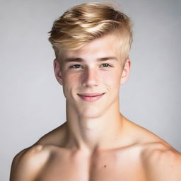 A fit and handsome 17-year-old man with golden blonde hair, muscular build, and fair skin