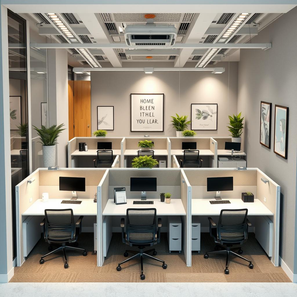A modern office design concept that features independent workspaces for 8 people within dimensions of 2 meters by 6 meters
