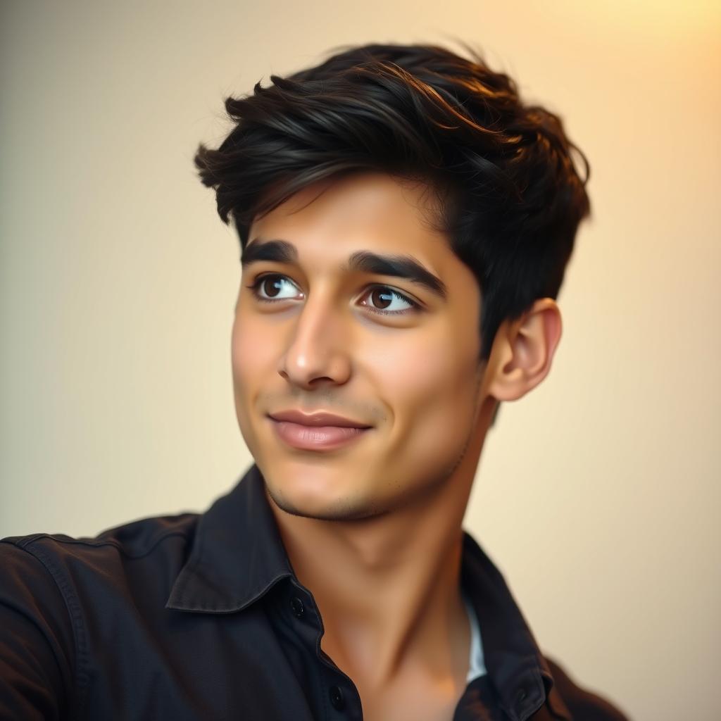 A close-up portrait of a handsome young man with short dark hair and striking features, gazing thoughtfully into the distance