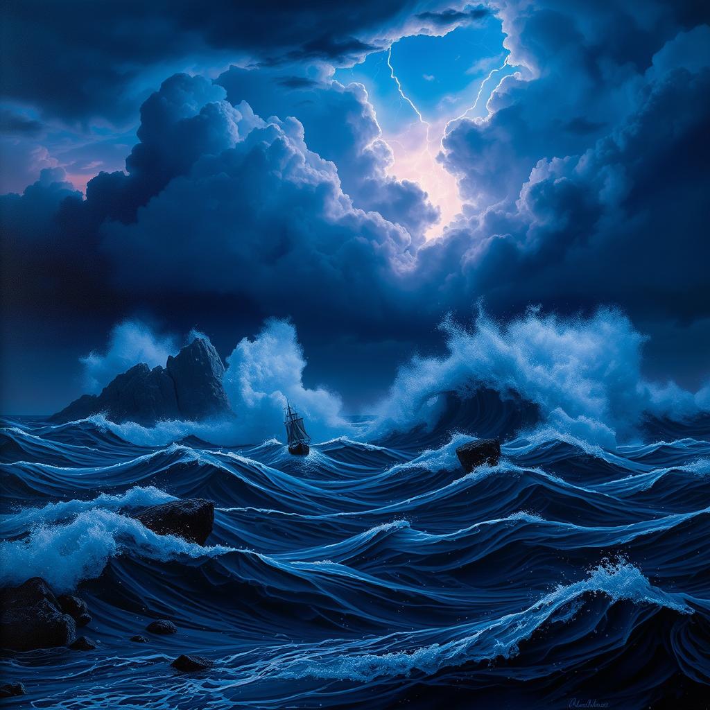 A stormy ocean scene at twilight, with towering waves crashing against jagged rocks, illuminated by flashes of lightning in the darkening sky
