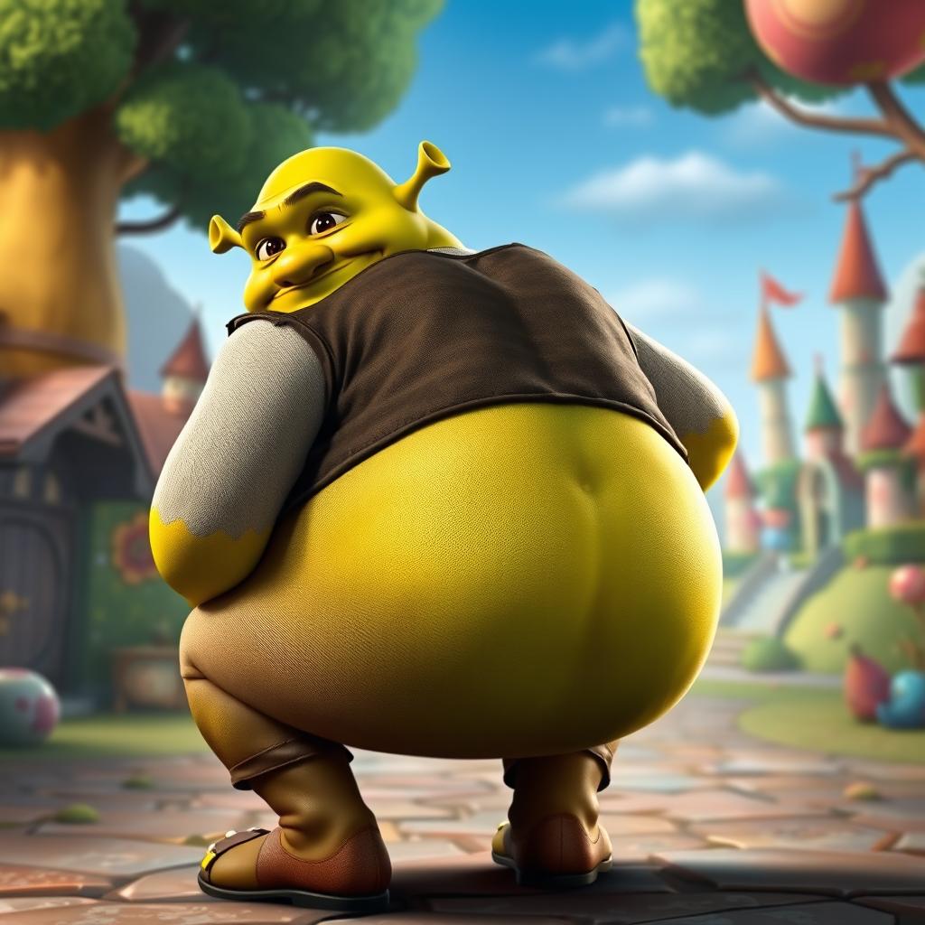 A realistic depiction of Shrek in a humorous yet artistic style, squatting down with a playful expression