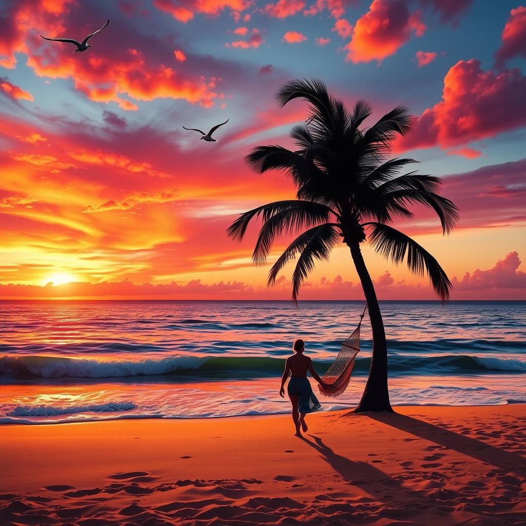 A stunning scene depicting a vibrant sunset over a tropical beach, with golden sand, swaying palm trees silhouetted against the colorful sky