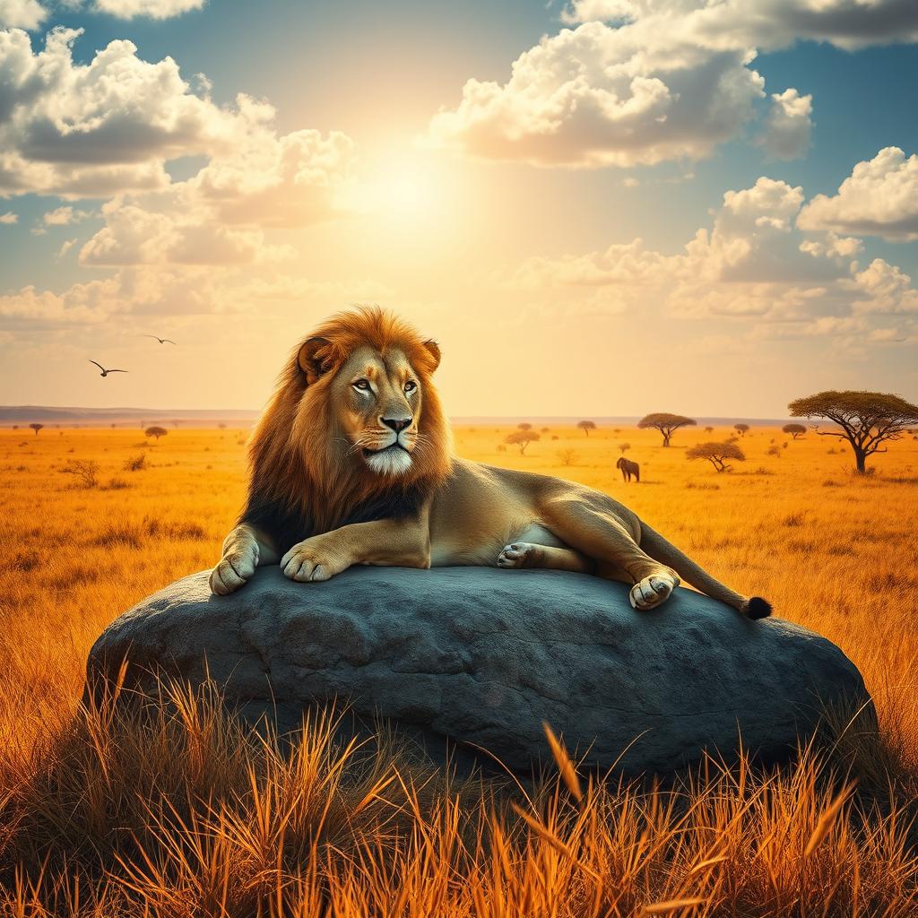 A majestic lion lounging peacefully on a large rock under the warm afternoon sun in the African savannah