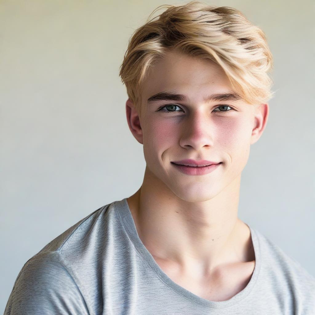 A fit and handsome 17-year-old man with golden blonde hair, muscular build, and fair skin