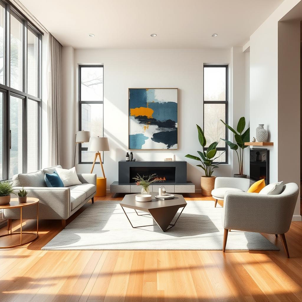 A modern interior design scene featuring a stylish living room