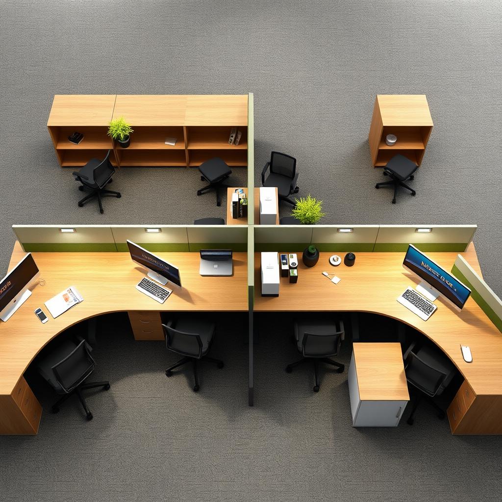 A meticulously designed workspace featuring a large independent desk arrangement for 8 people within a space of 2 meters wide by 6 meters long