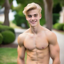 A fit and handsome 17-year-old man with golden blonde hair, muscular build, and fair skin