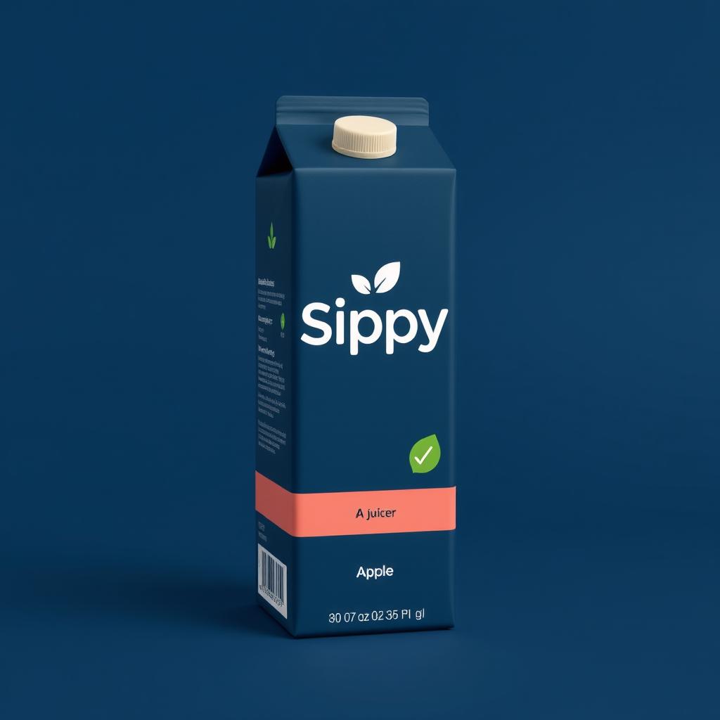 A minimalistic and eco-friendly juice carton for a brand named 'Sippy', featuring a navy blue background