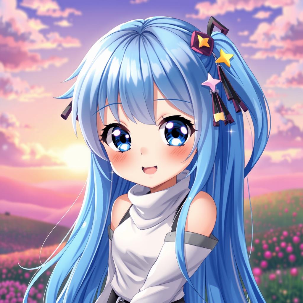 A vibrant digital art piece featuring a blue-haired anime girl with big expressive eyes, wearing a stylish, modern outfit