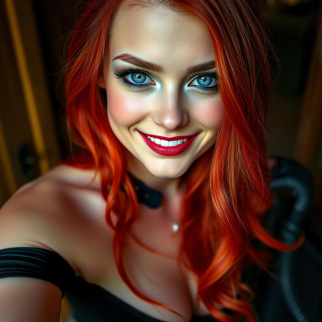 A stunning girl with gothic makeup and a beautiful gentle smile, showcasing her striking blue eyes reminiscent of lagoon waters