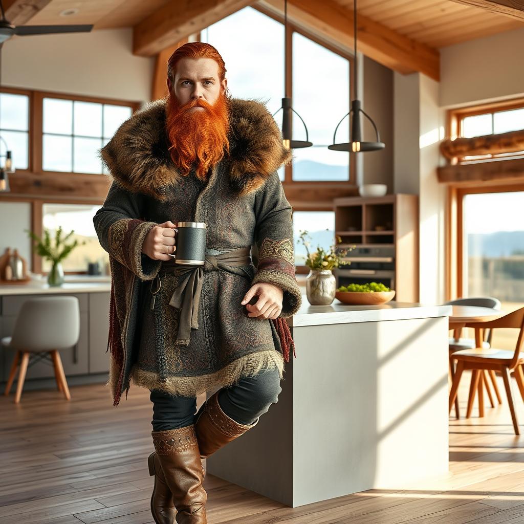 A strong red-haired man in his 30s, styled in traditional Viking attire with intricate patterns and textures