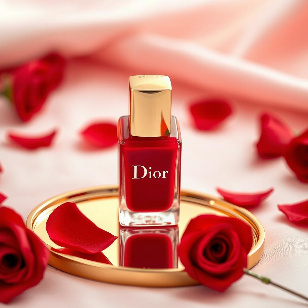 A luxurious product photography scene featuring a red Dior nail polish bottle, elegantly placed on a soft pink and gold background