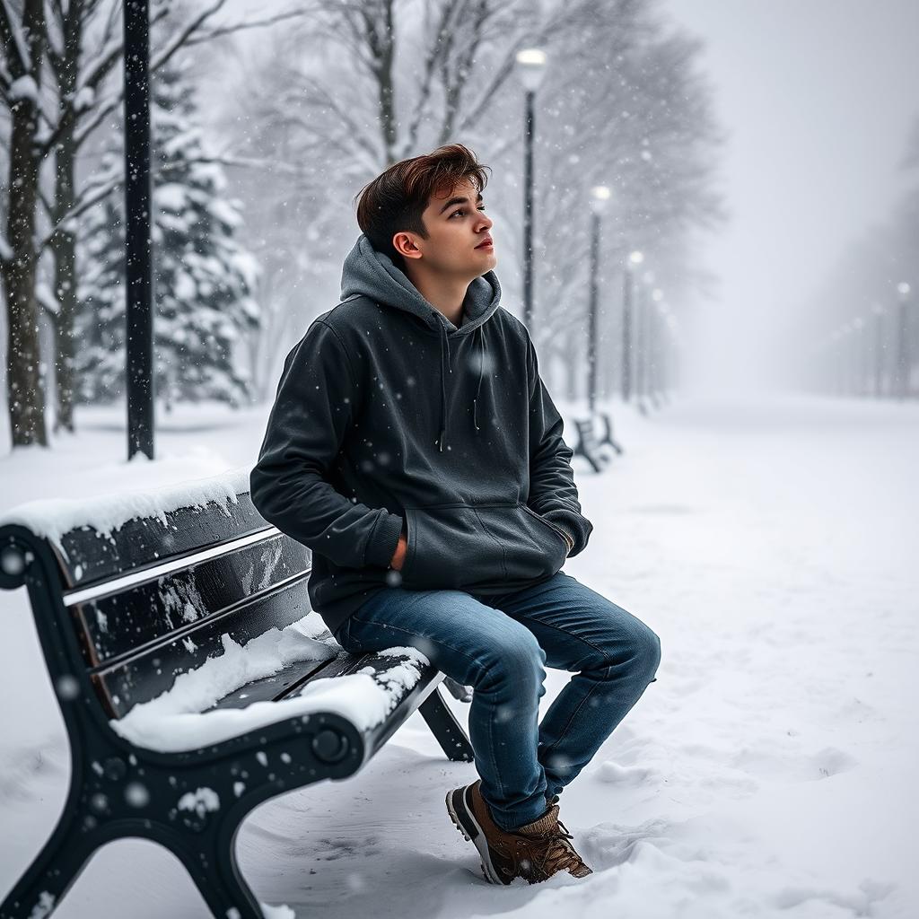 A young man sitting alone on a bench during heavy snowfall, wearing a warm hoodie and jeans with his hands in his pockets