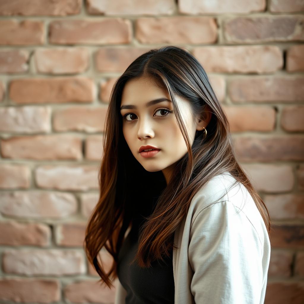 A portrait of a young woman standing against a rustic brick wall, her expression thoughtful and pensive