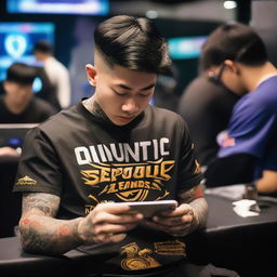 A tattooed man in an eSports jersey playing Mobile Legends on his phone at a tournament. His back is to the camera, revealing a dragon logo and the name 'QUANTIC' with the number '25' beneath and 'VOID TEAM' written below.