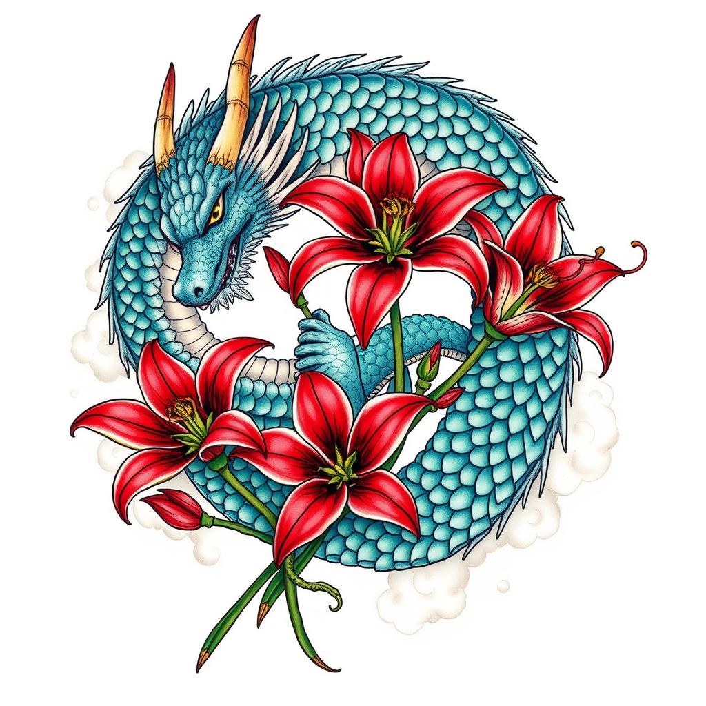 A beautifully intricate tattoo-style design featuring a majestic dragon intertwined with vibrant red spider lilies