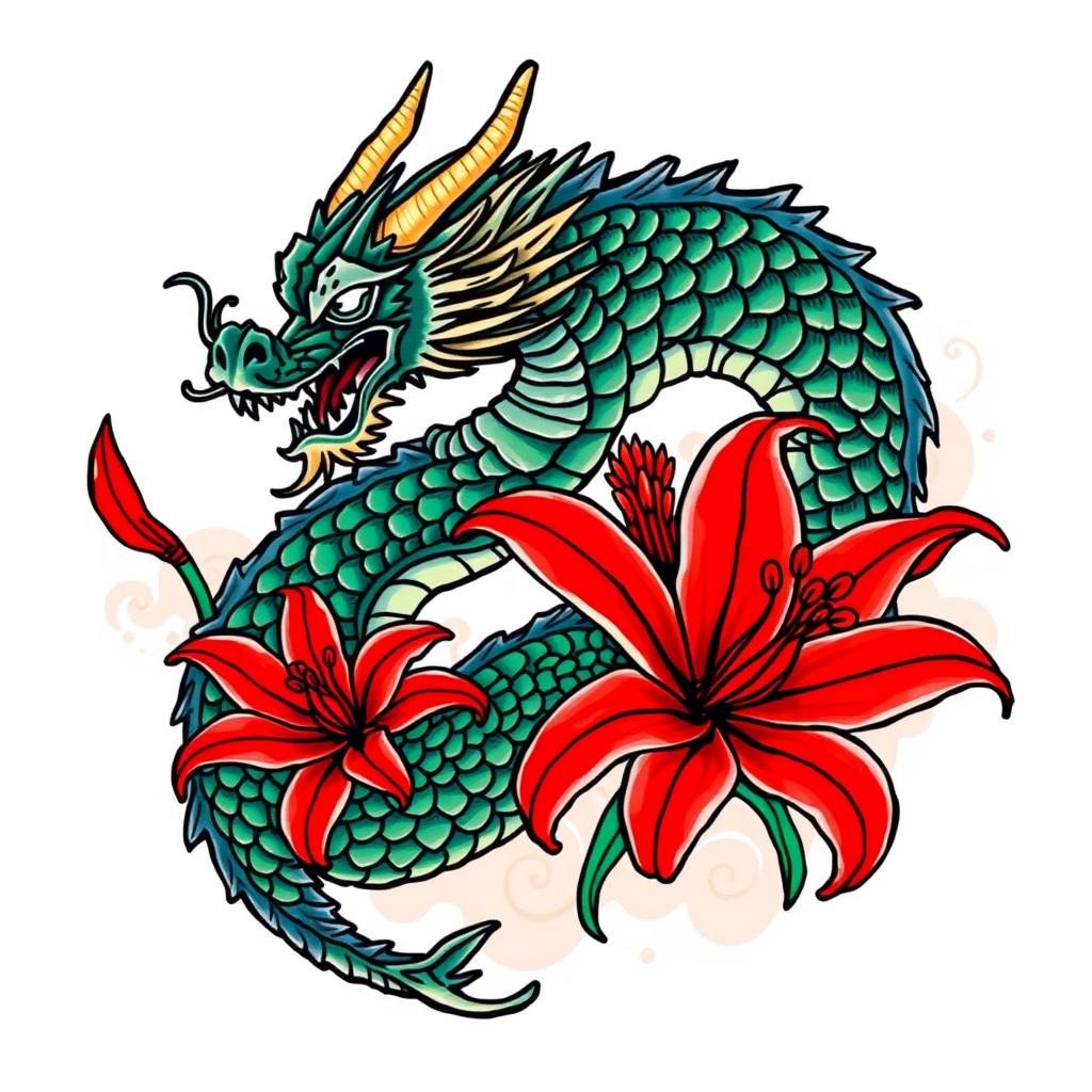 A neo-traditional tattoo design featuring a fierce dragon elegantly intertwined with bright red spider lilies