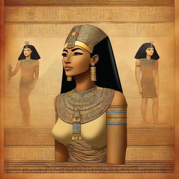 A high-quality digital art image of a book cover, featuring an illustrious ancient Egyptian queen in her royal attire