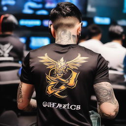 A tattooed man in an eSports jersey playing Mobile Legends on his phone at a tournament. His back is to the camera, revealing a dragon logo and the name 'QUANTIC' with the number '25' beneath and 'VOID TEAM' written below.