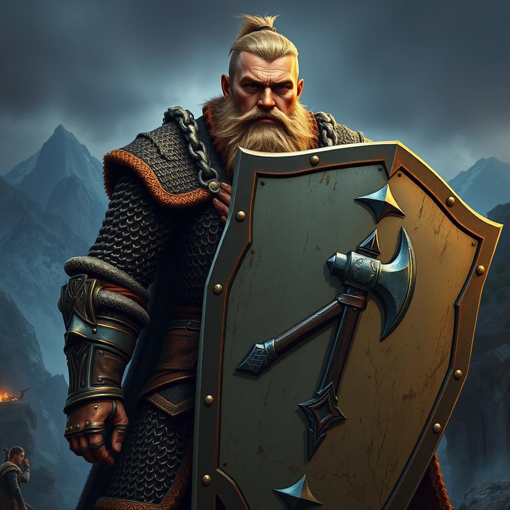A male dwarven paladin clad in intricate chainmail armor, standing proudly with a large, distinctive shield