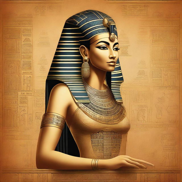 A high-quality digital art image of a book cover, featuring an illustrious ancient Egyptian queen in her royal attire