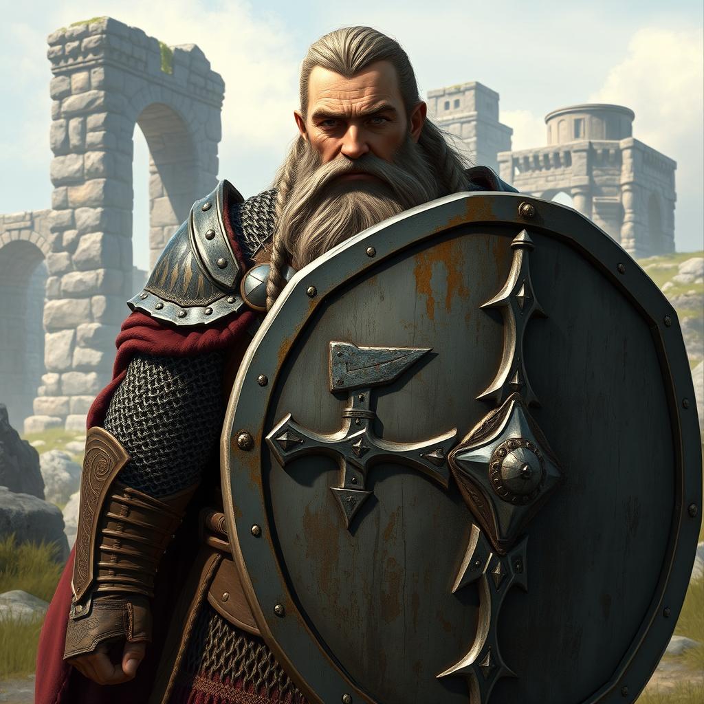 A male dwarven paladin depicted in sturdy chainmail armor, holding a large shield that features the emblem of an axeholm, symbolizing his heritage and strength