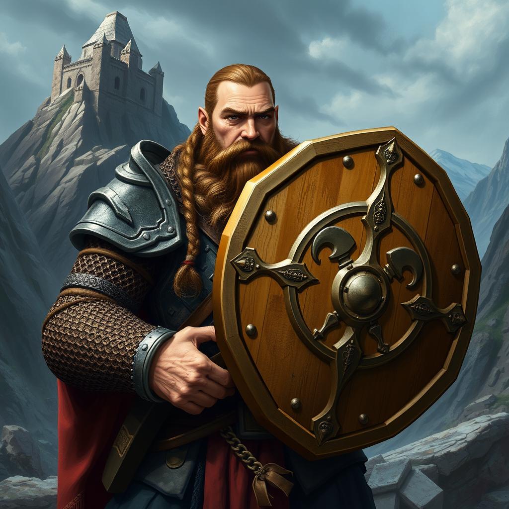 A male dwarven paladin depicted in robust chainmail armor, confidently holding a large shield emblazoned with the symbol of Axeholm, a legendary dwarven stronghold