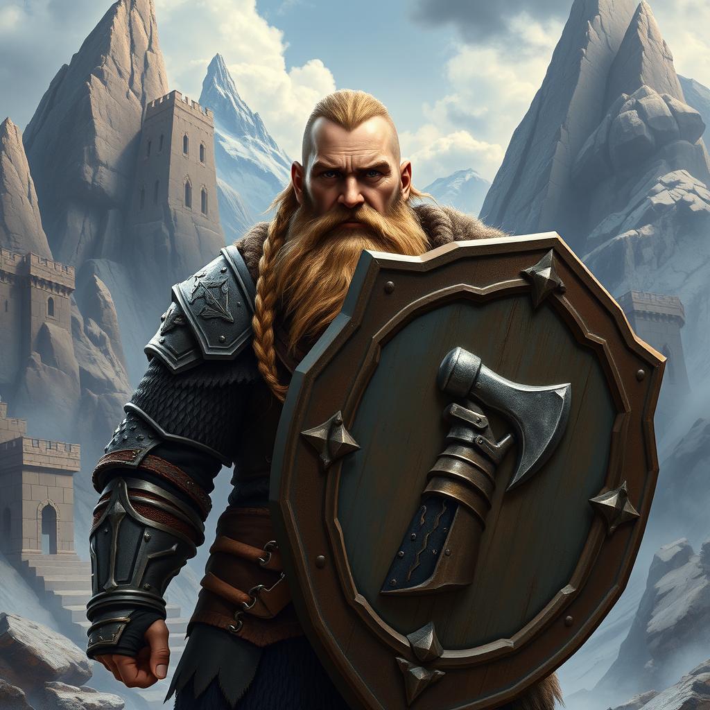 A male dwarven paladin depicted in sturdy chainmail armor, confidently holding a large shield that features a striking symbol of a dwarven gauntlet clutching a handaxe, representing strength and valor