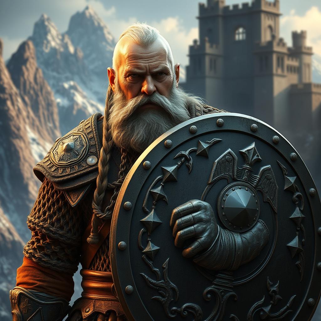 An older male dwarven paladin portrayed in intricate chainmail armor, confidently wielding a large shield that displays a powerful symbol of a dwarven gauntlet clutching a handaxe