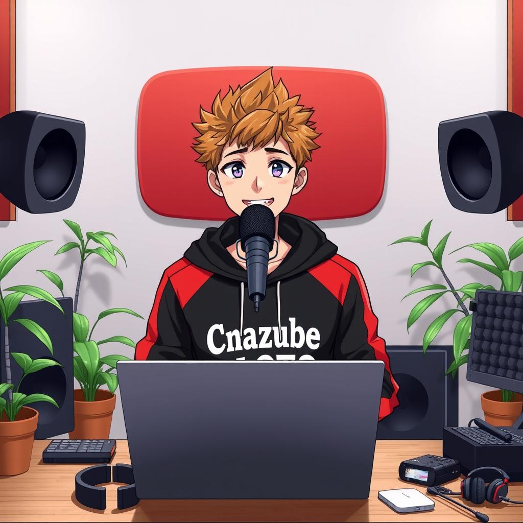 An 18-year-old anime boy sitting in front of a computer desk with a microphone and a laptop, wearing a black and red hoodie featuring the channel name 'Crazy Facts'