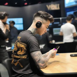 A tattooed man in an eSports jersey playing Mobile Legends on his phone at a tournament. His back is to the camera, revealing a dragon logo and the name 'QUANTIC' with the number '25' beneath and 'VOID TEAM' written below.