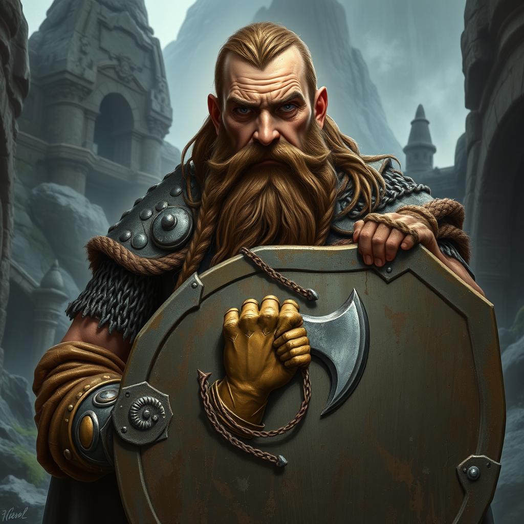 A grizzled male dwarven paladin portrayed in well-worn chainmail armor, firmly grasping a large shield adorned with the emblem of a dwarven gauntlet clutching a handaxe, symbolizing his combat prowess and dedication
